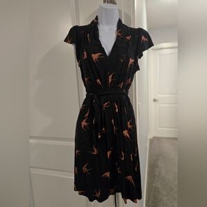 French Connection Pretty Black Dress With Pink Sparrows. Size 4.